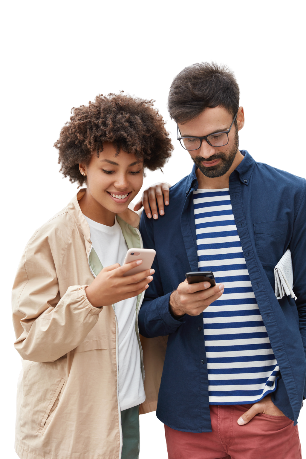 Two happy FastXE customers checking their accounts on their phones